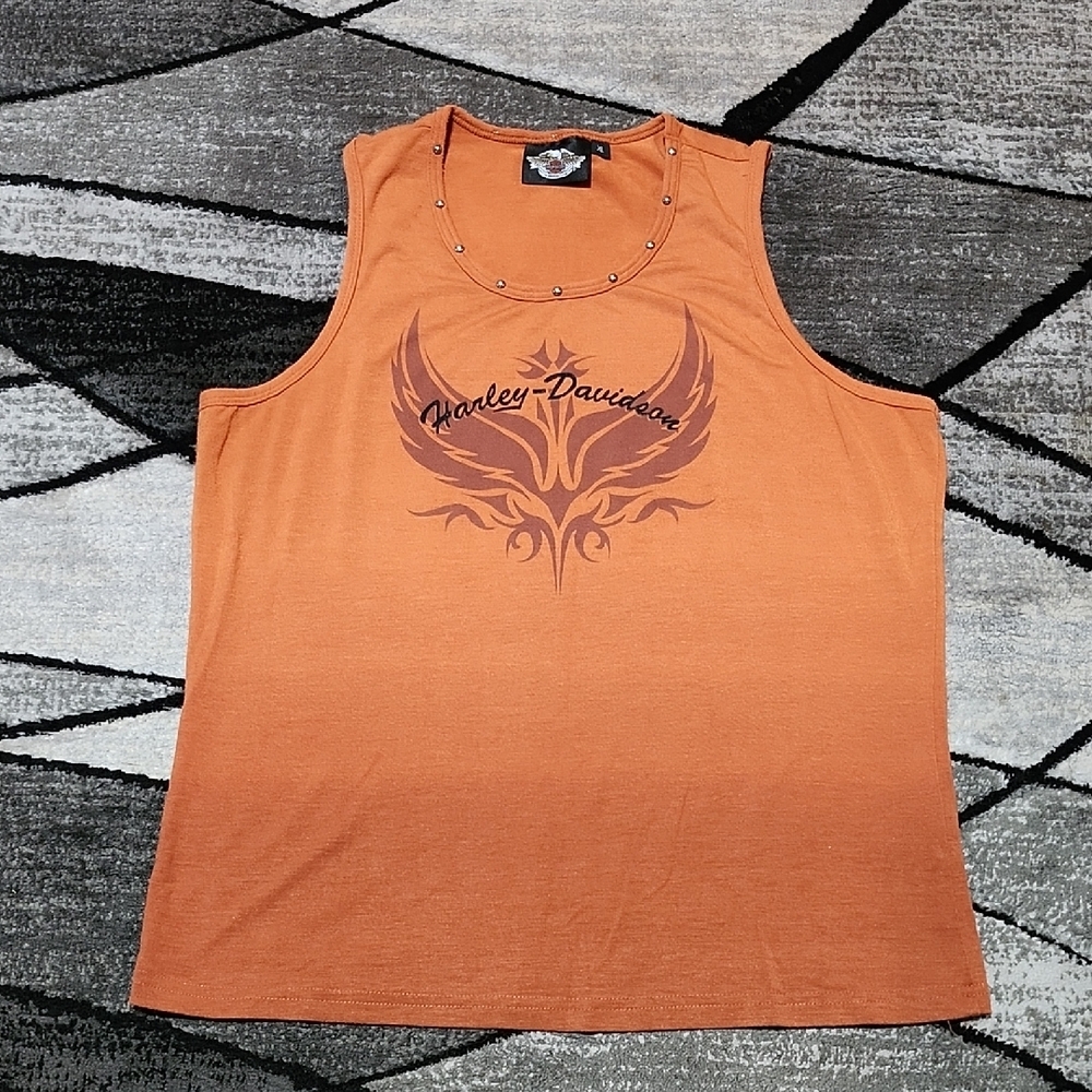 HARLEY DAVIDSON OMBRE BURNT ORANGE VELVET WINGED GRAPHIC STUDDED TANK-TOP